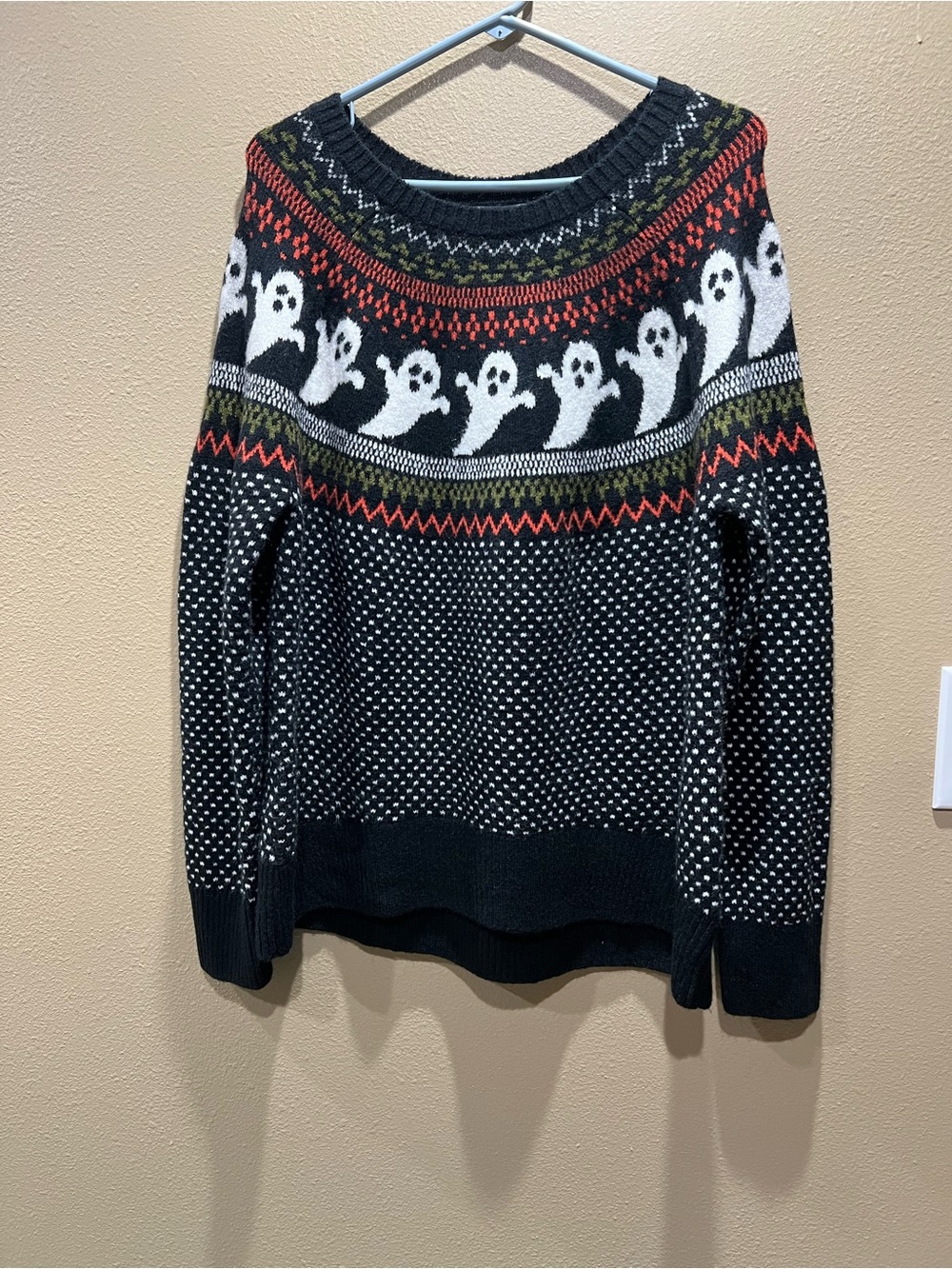 Vince Camuto Black Fair Isle Ghost Yoke Sweater with White, Red & Olive Accents